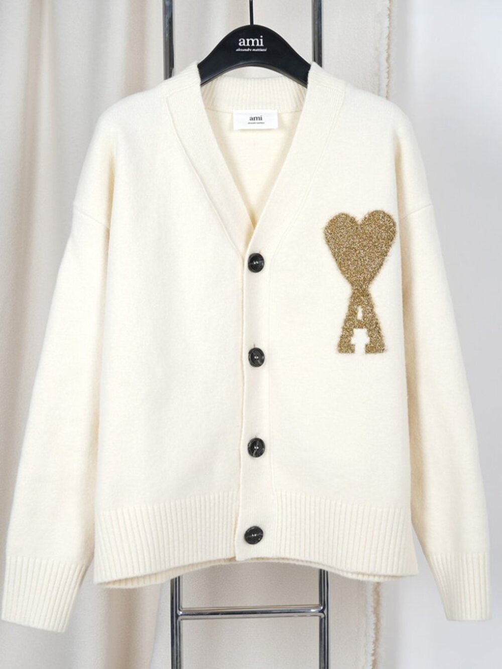 Ami Paris Cream Gold Heart‑A Logo V‑Neck Knit Cardigan